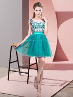 Sleeveless Mini Length Lace Zipper Quinceanera Court Dresses with Turquoise