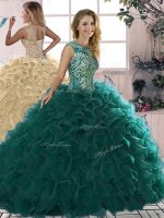 Scoop Sleeveless Sweet 16 Dress Floor Length Beading and Ruffles Peacock Green Organza