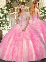 Rose Pink Sleeveless Floor Length Appliques and Ruffles Lace Up 15 Quinceanera Dress(SKU SJQDDT1539002BIZ)