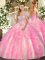 Rose Pink Sleeveless Floor Length Appliques and Ruffles Lace Up 15 Quinceanera Dress