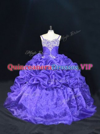 Clearance Purple 15th Birthday Dress Organza Brush Train Sleeveless Beading and Pick Ups