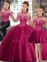 Fuchsia Three Pieces Halter Top Sleeveless Tulle Brush Train Lace Up Beading Quinceanera Dress