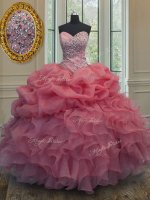Glittering Pick Ups Sweetheart Sleeveless Lace Up Sweet 16 Dress Pink Organza