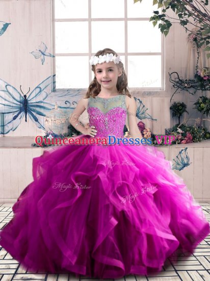 Scoop Sleeveless Evening Gowns Floor Length Beading and Ruffles Fuchsia Tulle - Click Image to Close