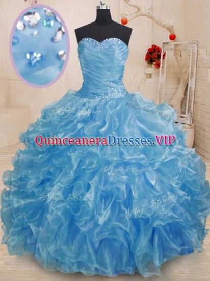 Blue Lace Up Quince Ball Gowns Beading and Ruffles Sleeveless Floor Length - Click Image to Close