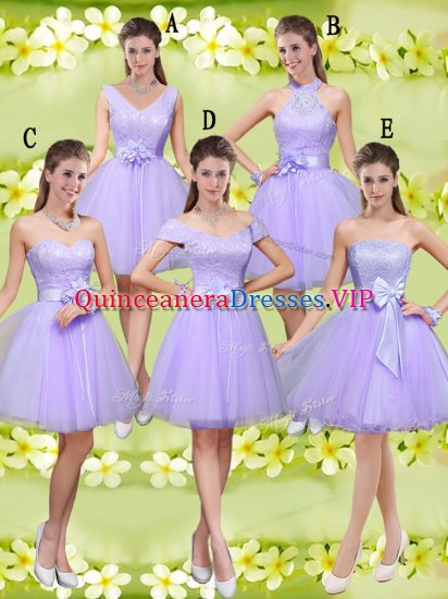 Custom Designed Lilac Tulle Lace Up Court Dresses for Sweet 16 Sleeveless Knee Length Lace and Belt - Click Image to Close