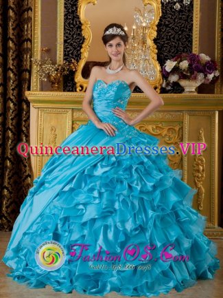 Belle Fourche South Dakota/SD The Most Popular Sweetheart Quinceanera Dress Teal Taffeta and Organza Appliques Decorate Bodice Ball Gown