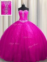 Fuchsia Sleeveless Tulle and Sequined Court Train Lace Up Sweet 16 Dress for Military Ball and Sweet 16 and Quinceanera(SKU PSSW0494-5BIZ)