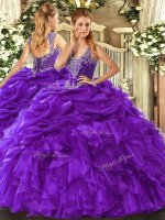 Latest Straps Sleeveless Quince Ball Gowns Floor Length Beading and Ruffles and Pick Ups Purple Organza