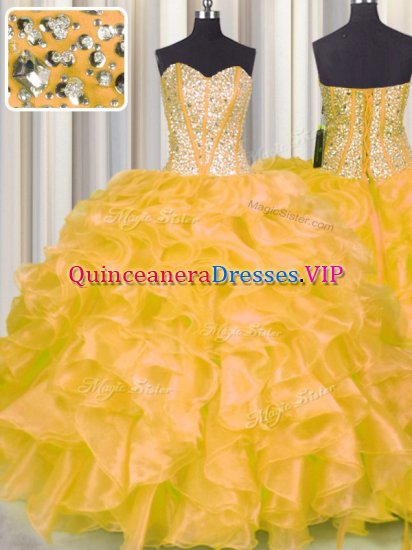 Free and Easy Sweetheart Sleeveless Sweet 16 Dress Floor Length Beading and Ruffles Gold Organza - Click Image to Close
