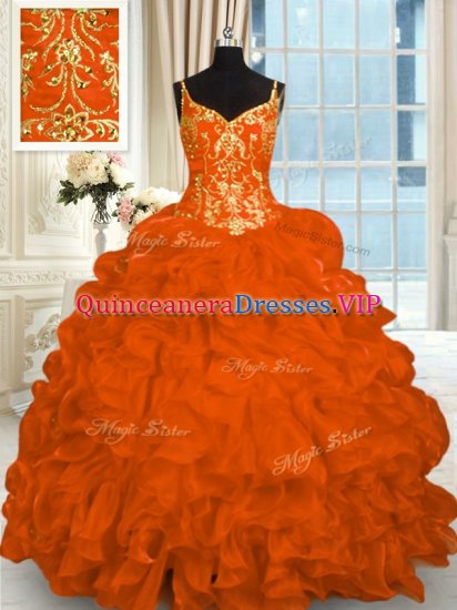 Artistic Lace Up Vestidos de Quinceanera Orange Red for Military Ball and Sweet 16 and Quinceanera with Beading and Ruffles Brush Train - Click Image to Close