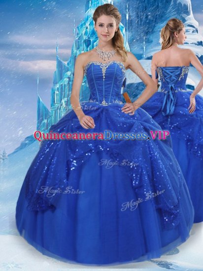 Comfortable Royal Blue Ball Gowns Sweetheart Sleeveless Tulle Floor Length Lace Up Beading and Pick Ups 15 Quinceanera Dress - Click Image to Close