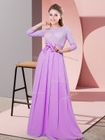 3 4 Length Sleeve Chiffon Floor Length Side Zipper Damas Dress in Lilac with Lace and Belt