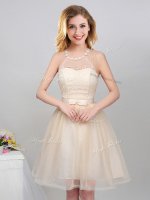 Halter Top Mini Length Lace Up Quinceanera Court of Honor Dress Champagne for Prom and Party and Wedding Party with Lace and Appliques and Belt