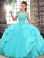 Wonderful Aqua Blue Ball Gowns Halter Top Sleeveless Organza Floor Length Lace Up Beading and Ruffles Quinceanera Gowns