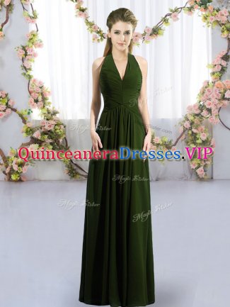 Exceptional Floor Length Lace Up Vestidos de Damas Olive Green for Wedding Party with Ruching