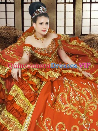 Sweet Orange Lace Up Off The Shoulder Embroidery Quinceanera Dress Satin Sleeveless