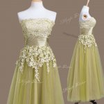 Super Tea Length Lace Up Vestidos de Damas Olive Green for Prom and Party and Wedding Party with Appliques(SKU SWBD136-12BIZ)