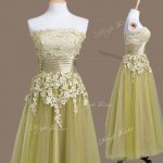 Super Tea Length Lace Up Vestidos de Damas Olive Green for Prom and Party and Wedding Party with Appliques