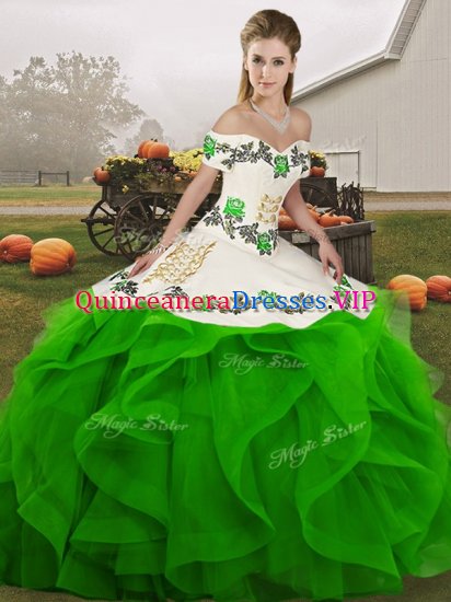 Green Off The Shoulder Neckline Embroidery and Ruffles Ball Gown Prom Dress Sleeveless Lace Up - Click Image to Close