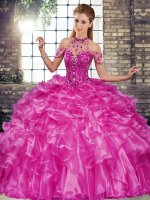 Fuchsia Halter Top Neckline Beading and Ruffles Quinceanera Gown Sleeveless Lace Up