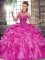 Fuchsia Halter Top Neckline Beading and Ruffles Quinceanera Gown Sleeveless Lace Up