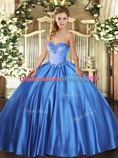 Floor Length Lace Up Quinceanera Dresses Blue for Military Ball and Sweet 16 and Quinceanera with Beading - Click Image to Close