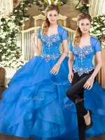 Nice Sweetheart Sleeveless Quinceanera Dresses Floor Length Beading and Ruffles Blue Tulle