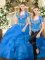 Nice Sweetheart Sleeveless Quinceanera Dresses Floor Length Beading and Ruffles Blue Tulle