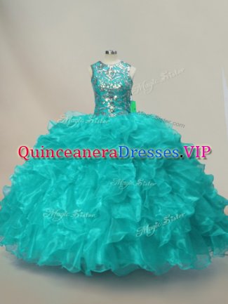 Floor Length Aqua Blue Sweet 16 Quinceanera Dress Organza Sleeveless Beading and Ruffles
