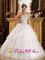 Shenfield Essex White Quinceanera Dress With Sweetheart Beaded Bodice and Pick-ups Tulle