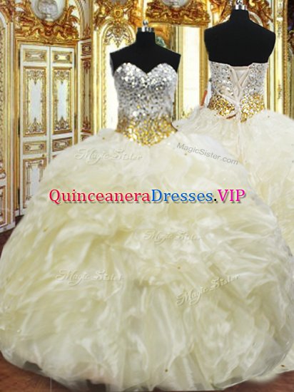 Custom Design Light Yellow Ball Gowns Beading and Ruffles Quinceanera Gown Lace Up Organza Sleeveless Floor Length - Click Image to Close