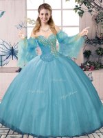Vintage Blue Tulle Lace Up Sweetheart Long Sleeves 15 Quinceanera Dress Beading and Ruching