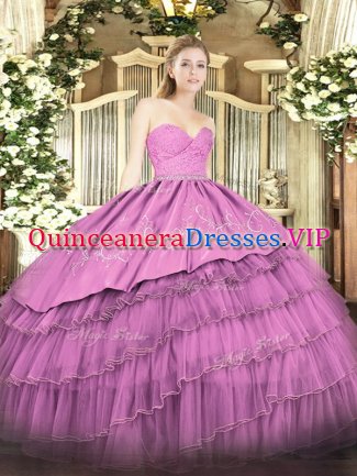 Customized Sleeveless Floor Length Beading and Lace and Embroidery and Ruffled Layers Zipper Quinceanera Gown with Fuchsia
