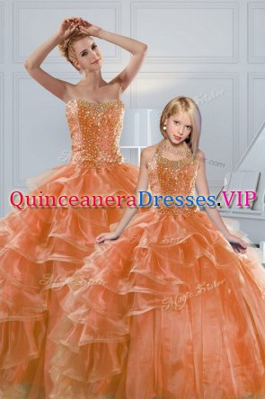 Orange Ball Gowns Organza Sweetheart Sleeveless Beading and Ruffled Layers Lace Up Sweet 16 Quinceanera Dress