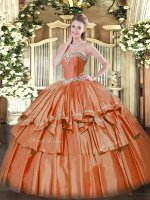 Great Sleeveless Floor Length Beading and Ruffled Layers Lace Up 15th Birthday Dress with Rust Red
