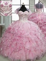 Great Sweetheart Sleeveless Brush Train Lace Up Ball Gown Prom Dress Baby Pink Organza