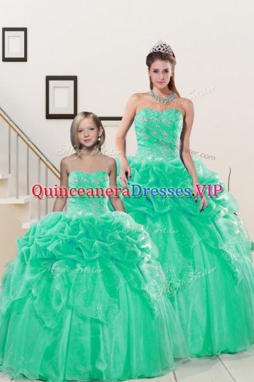 Adorable Turquoise Ball Gowns Sweetheart Sleeveless Organza Floor Length Lace Up Beading and Pick Ups 15th Birthday Dress - Click Image to Close