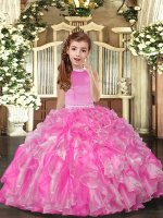 Exquisite Rose Pink Organza Backless High-neck Sleeveless Floor Length Little Girl Pageant Gowns Beading and Ruffles(SKU PAG1151-2BIZ)