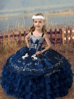 Floor Length Navy Blue Kids Pageant Dress Organza Sleeveless Embroidery and Ruffled Layers