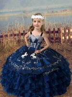 Floor Length Navy Blue Kids Pageant Dress Organza Sleeveless Embroidery and Ruffled Layers(SKU XBLD024-11BIZ)