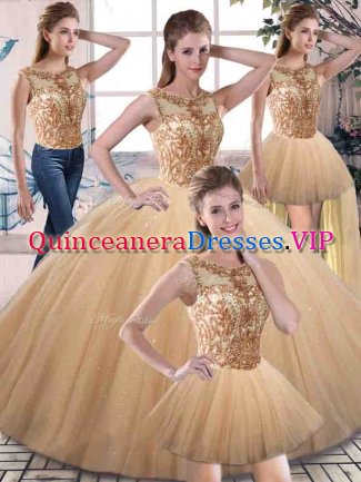 Sophisticated Ball Gowns Quinceanera Dresses Gold Scoop Tulle Sleeveless Floor Length Lace Up
