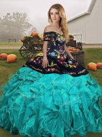 Sleeveless Floor Length Embroidery and Ruffles Lace Up Quince Ball Gowns with Blue And Black