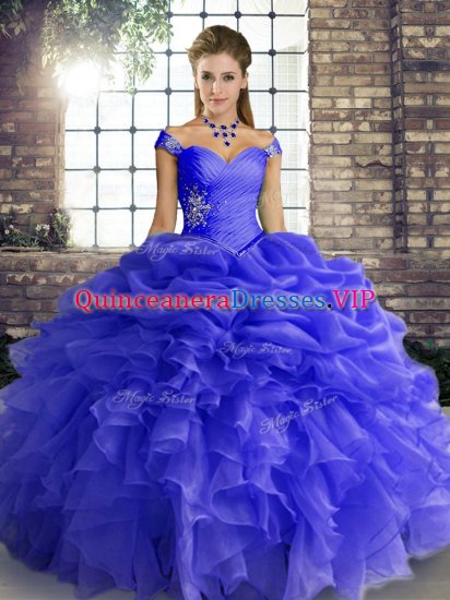 Blue Ball Gowns Off The Shoulder Sleeveless Organza Floor Length Lace Up Beading and Ruffles and Pick Ups Sweet 16 Dresses - Click Image to Close