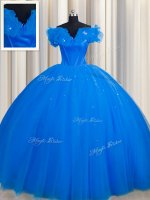 Sophisticated Off The Shoulder Short Sleeves Tulle With Train Court Train Lace Up 15th Birthday Dress in Royal Blue with Ruching