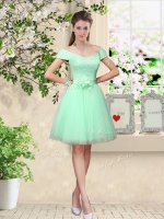 Apple Green Cap Sleeves Belt Knee Length Dama Dress for Quinceanera