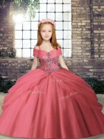 Customized Watermelon Red Ball Gowns Beading Glitz Pageant Dress Lace Up Tulle Sleeveless Floor Length