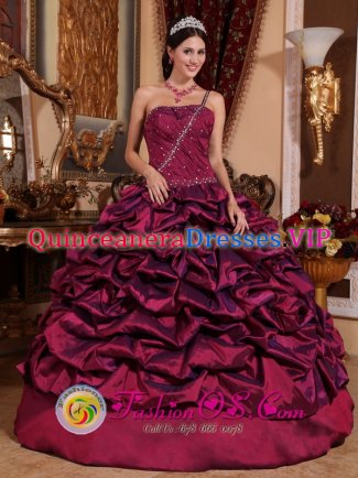 Republic Beaded Decorate and Ruched Bodice Burgundy Pick-ups One Shoudler Quinceanera Dresses