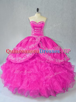 Organza Sweetheart Sleeveless Lace Up Embroidery and Ruffles Quince Ball Gowns in Fuchsia