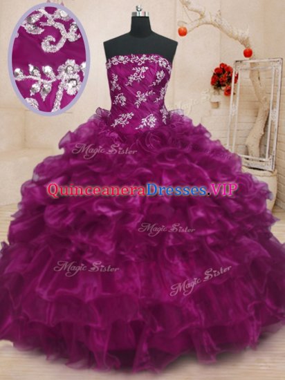 Graceful Sleeveless Organza Floor Length Lace Up Quinceanera Dress in Fuchsia with Beading and Appliques and Ruffles - Click Image to Close